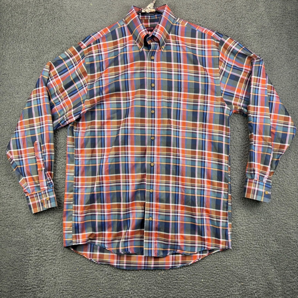 OVERTON Mens Plaid Button Down Shirt‎ Wrinkle Free 100 Cotton Long Sleeve Size M